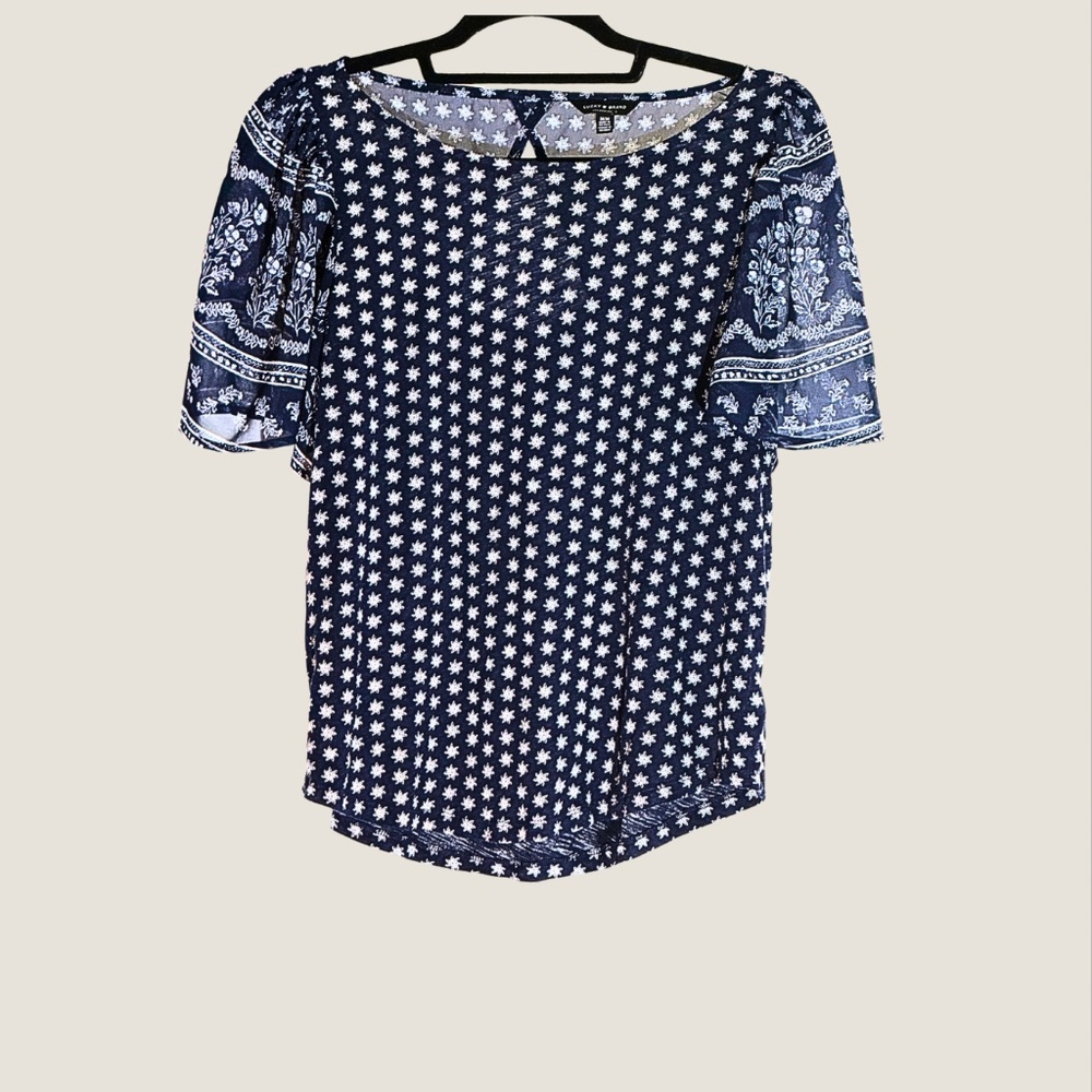 Lucky Brand Navy Boho Print Peasant Blouse Size M | Short Sleeve